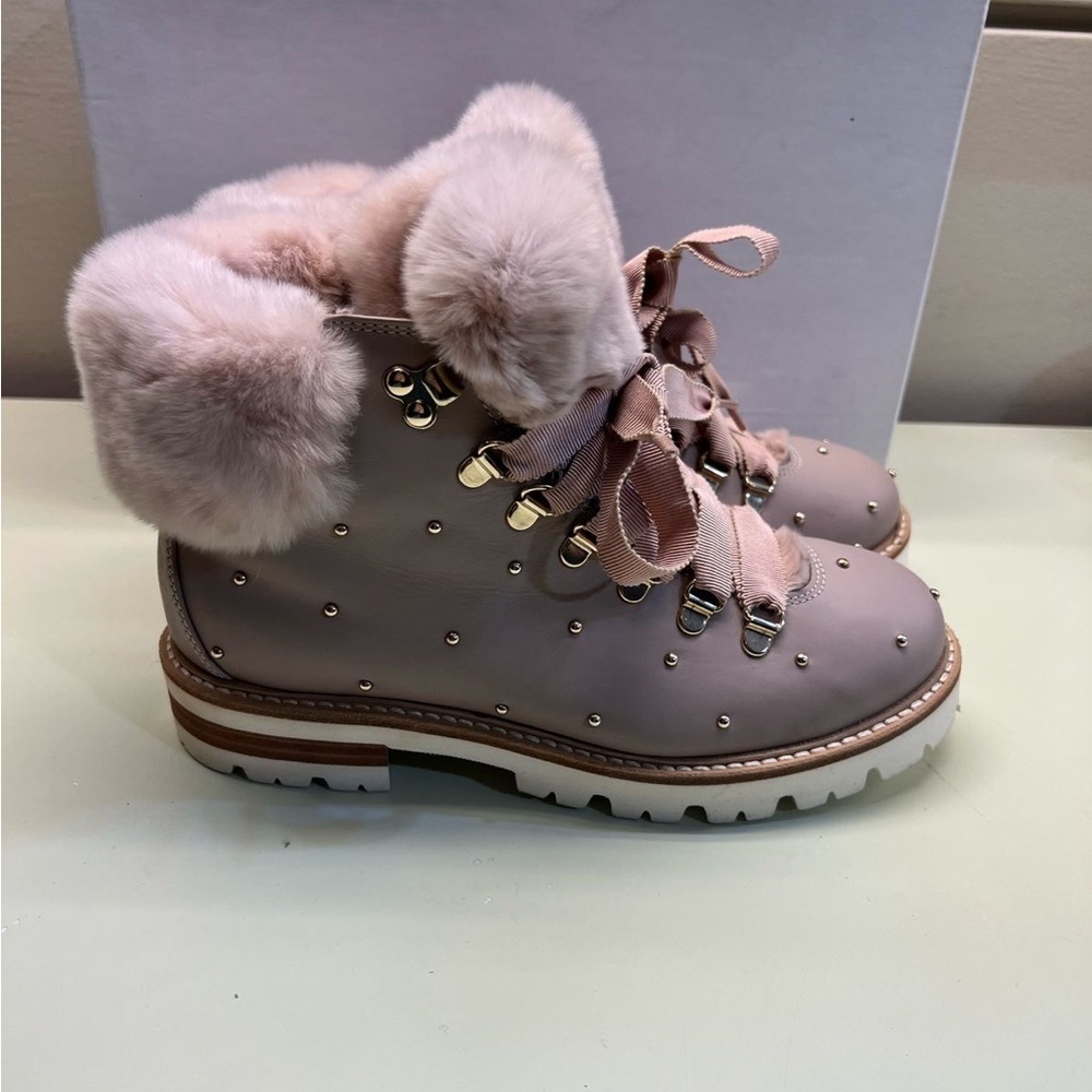 AGL MADE IN ITALY LEATHER Pink Winter Boots with Fur Trim and Ribbon Laces NWT